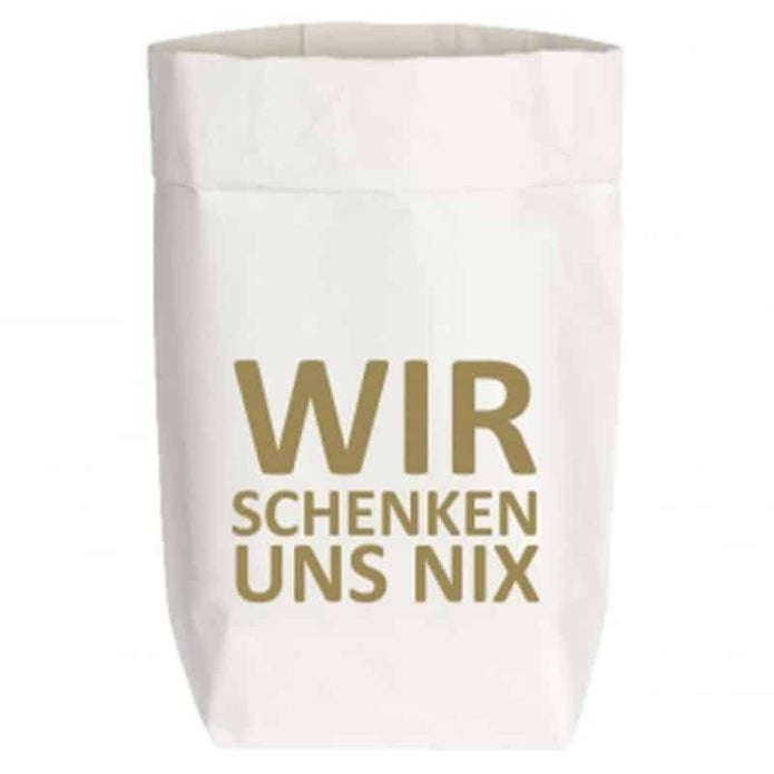Geschenktüte aus Papier weiß, von 17;30 Hamburg, WIR SCHENKEN UNS NIX