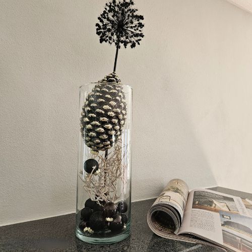 Glaszapfen schwarz 16 cm für Herbst und Weihnachtsdeko mit Glitzer