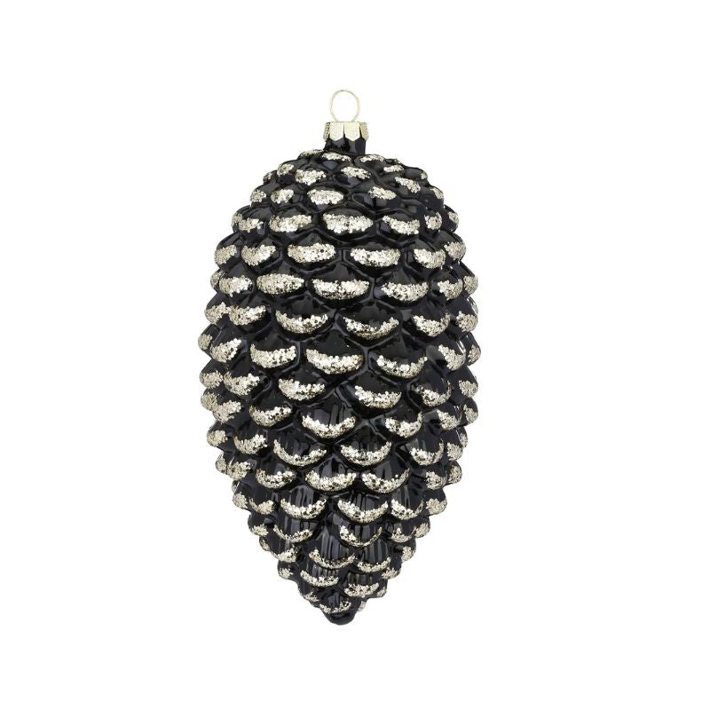 Glaszapfen schwarz mit Glitzer, 16 cm gross, für Weihnachtsdekoration, hängend  an Zweigen oder liegend in einer Schale
