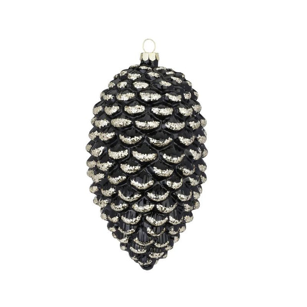 Glaszapfen schwarz mit Glitzer, 16 cm gross, für Weihnachtsdekoration, hängend  an Zweigen oder liegend in einer Schale