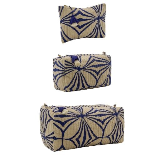 Kulturtasche CARE 3er Set Blau aus Baumwolle, mit Reißverschluss und Quaste