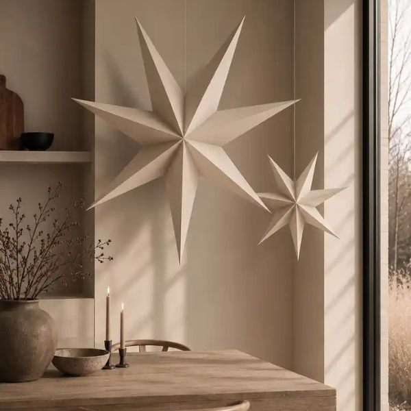 Papierstern beige 100 cm mit Kordel zum schnelle Auf-und Abbauen 