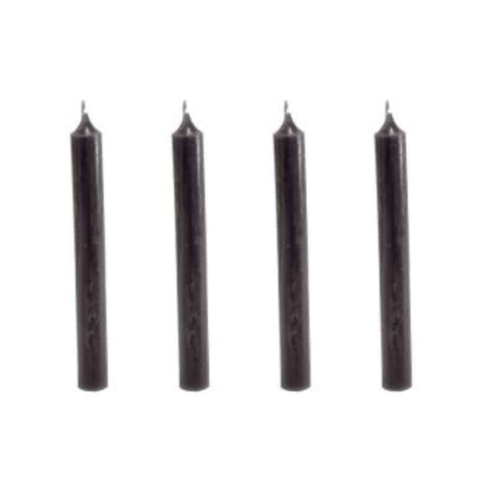 4er Set Dinnerkerzen 19,5cm x 2,1 cm in den Farben black, dark grey, steel grey, olive und rot.