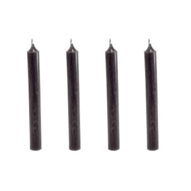 4er Set Dinnerkerzen 19,5cm x 2,1 cm in den Farben black, dark grey, steel grey, olive und rot.