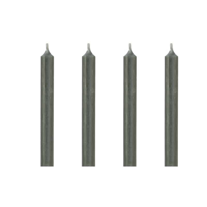 4er Set Dinnerkerzen 19,5cm x 2,1 cm in den Farben black, dark grey, steel grey, olive und rot.