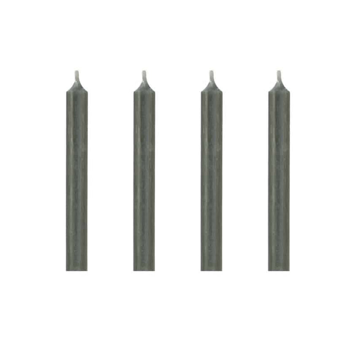 4er Set Dinnerkerzen 19,5cm x 2,1 cm in den Farben black, dark grey, steel grey, olive und rot.