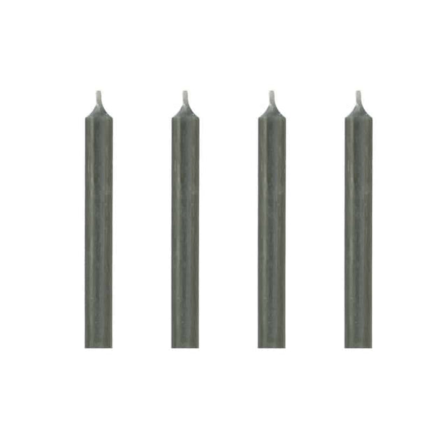 4er Set Dinnerkerzen 19,5cm x 2,1 cm in den Farben black, dark grey, steel grey, olive und rot.