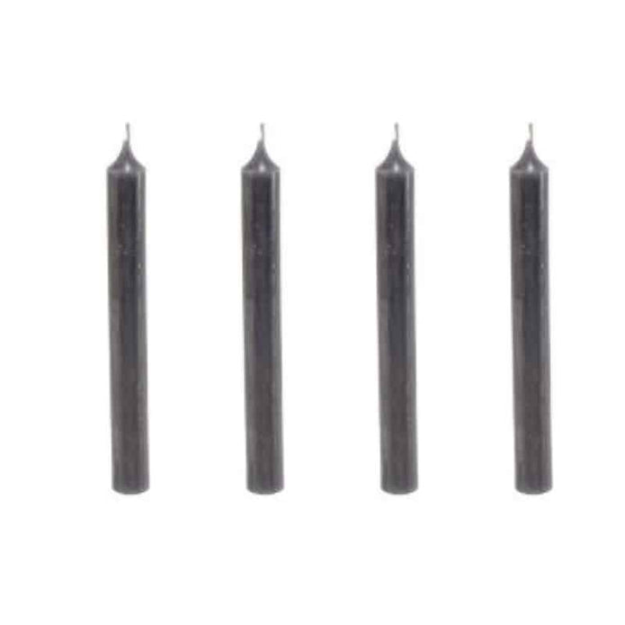 4er Set Dinnerkerzen 19,5cm x 2,1 cm in den Farben black, dark grey, steel grey, olive und rot.