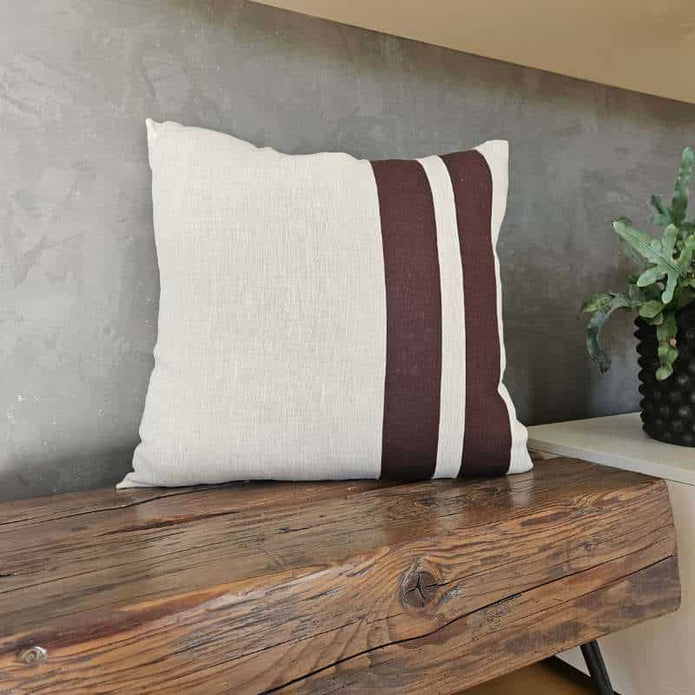 Kissen Farbe dunkelbraun und sand mit Streifen, 47x47 cm, aus 100% Leinen