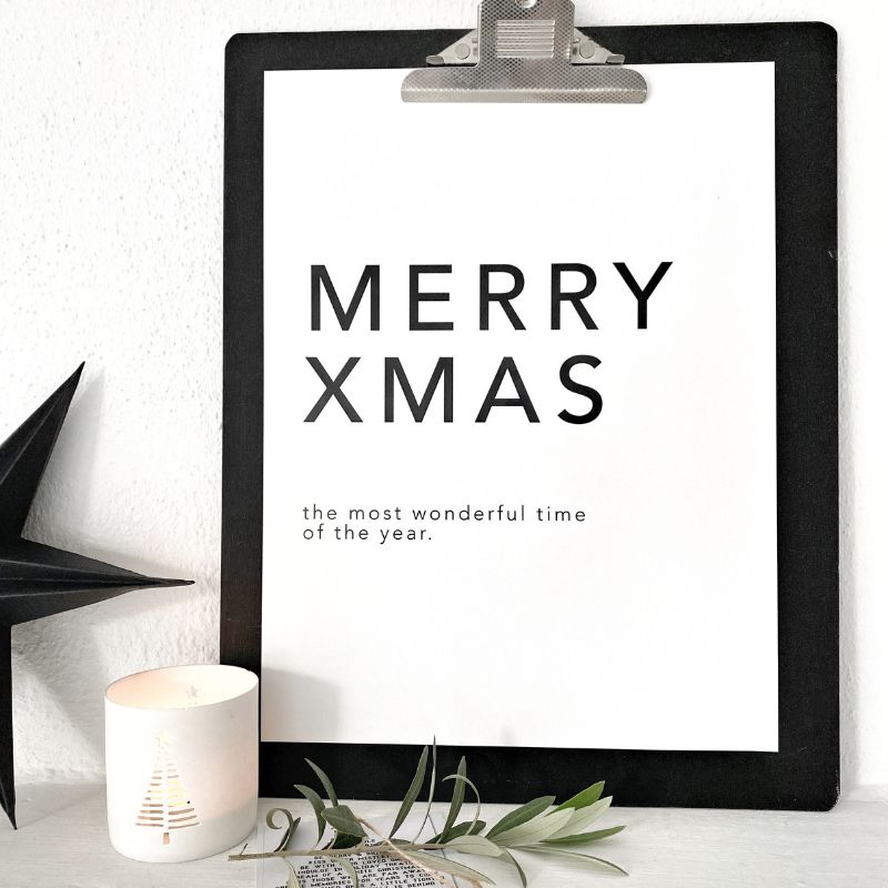 Poster Merry Xmas weiß mit schwarzer Schrift