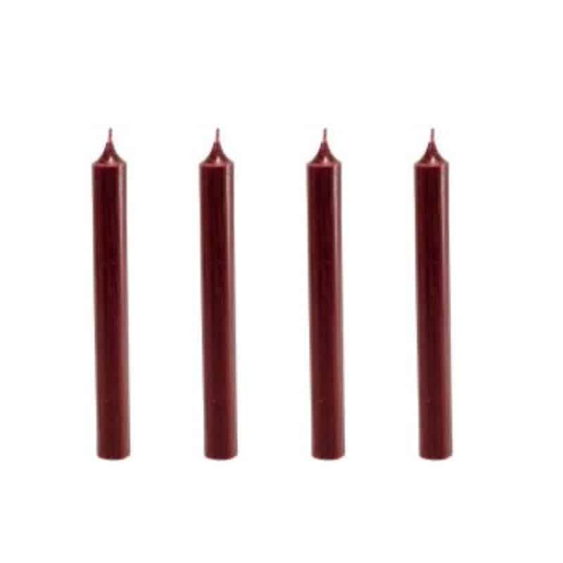 4er Set Dinnerkerzen 19,5cm x 2,1 cm in den Farben black, dark grey, steel grey, olive und rot.