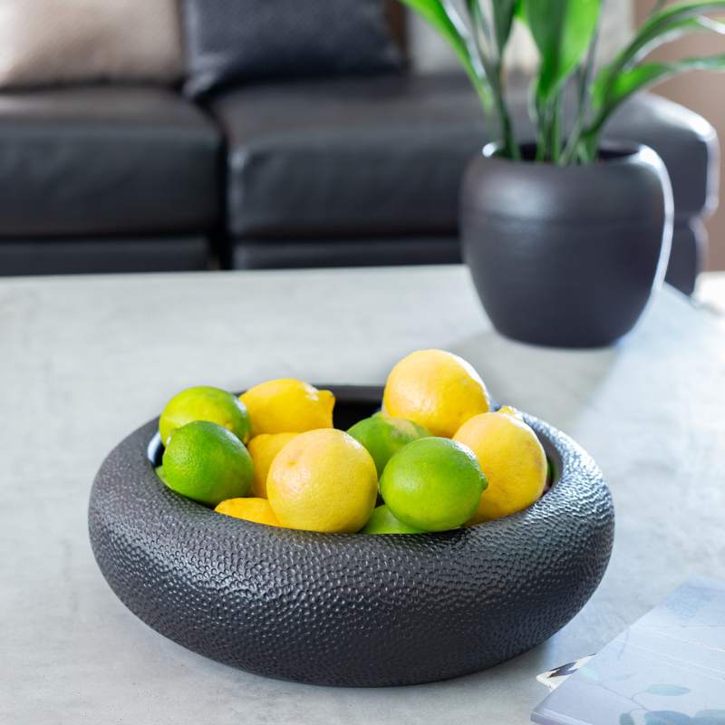 schwarze Schale aus Keramik, zum Bepflanzen oder als Obstschale einsetzbar, Durchmesser 33 cm, Höhe 9 cm